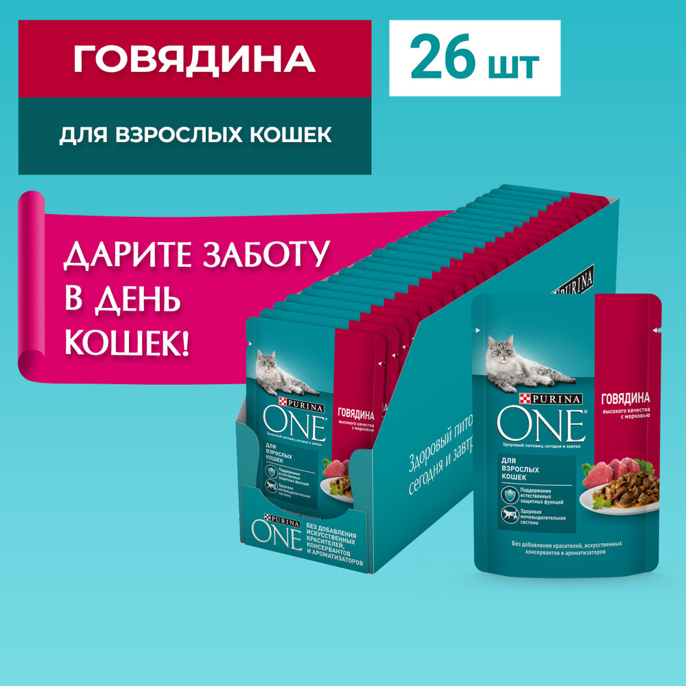 Влажный корм Purina ONE для взрослых кошек, с говядиной и морковью, пауч, 75 г*26 шт  #1