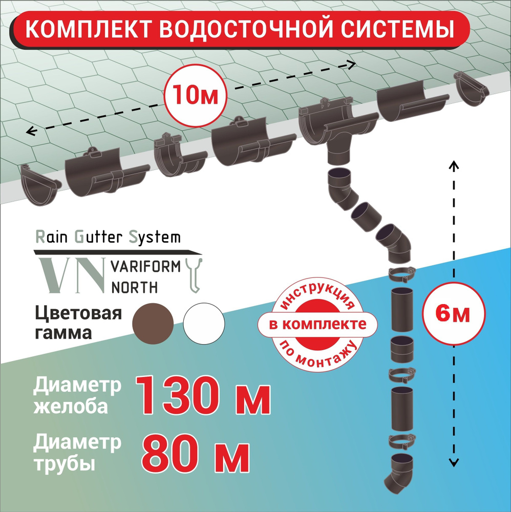 Комплект водосточной системы ПВХ G130/80, до 10 м высотой до 6м,коричневый  #1