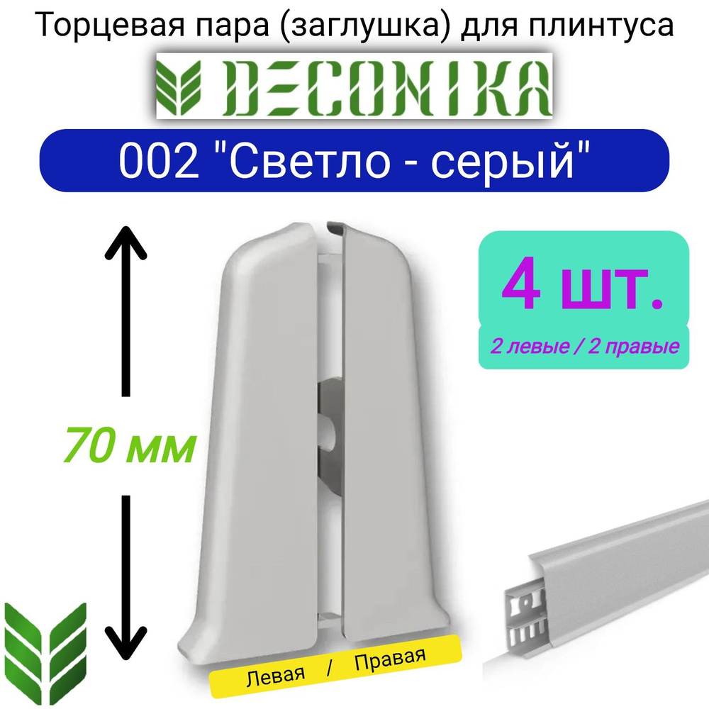 4 ШТ. Торцевая заглушка для плинтуса DECONIKA 70мм., Цвет 002 "Светло-серый" (2 левые, 2 правые)  #1