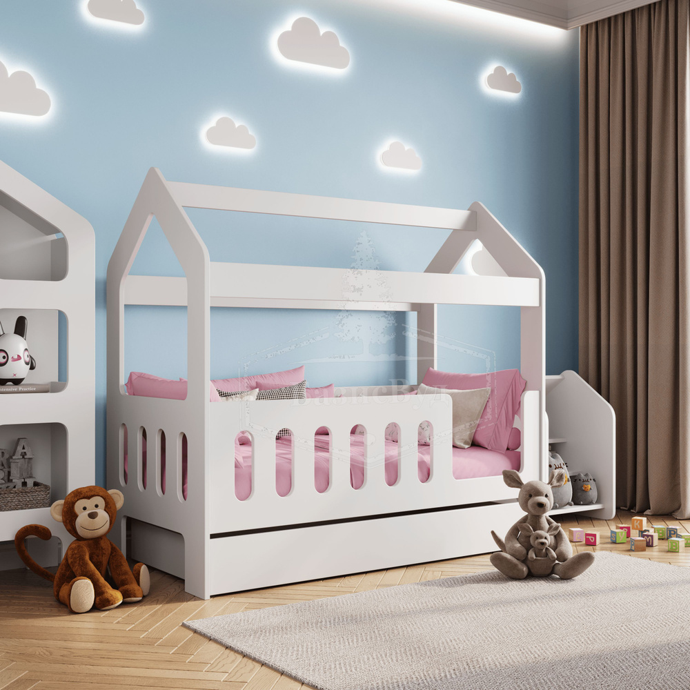 Кровать-домик, Кровать детская с бортиком под матрас 160х80, БазисВуд "Классик" с ящиком, вход справа #1