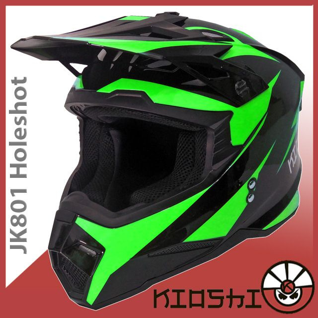 Шлем кроссовый KIOSHI JK801 Holeshot XL(61-62) черный зеленый глянец #1