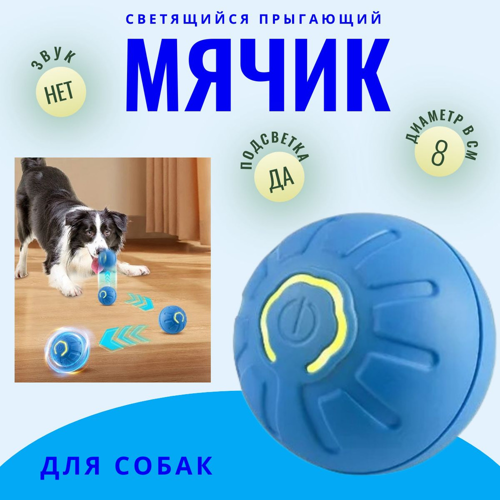 Умный прыгающий мячик для собак с подсветкой / Интерактивная игрушка для питомцев синяя  #1