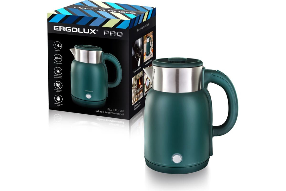 Чайник ERGOLUX ELX-KS13-C05, 1.6л, 2000Вт, 220-240В, нерж. сталь/пластик, зеленый, PRO  #1