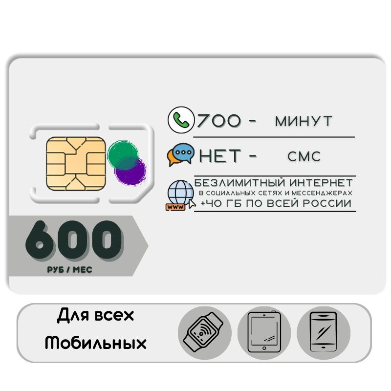 SIM-карта Комплект Сим карта Безлимитный интернет в социальных сетях и мессенджерах 600 руб. в месяц #1