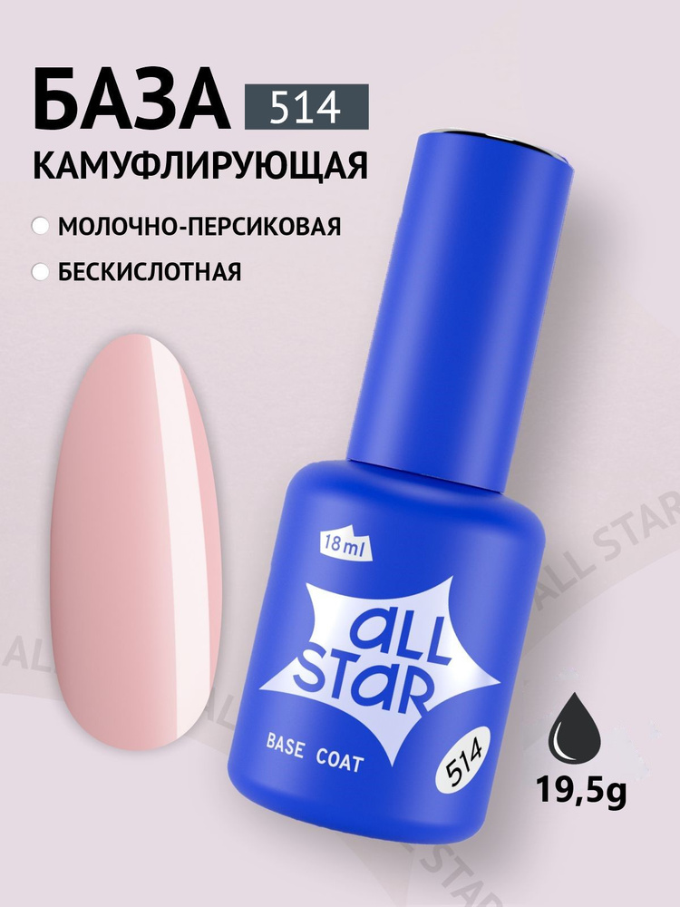 База для гель лака ALL STAR Professional камуфлирующая Ice Peach, молочно-персиковый, 18 мл  #1