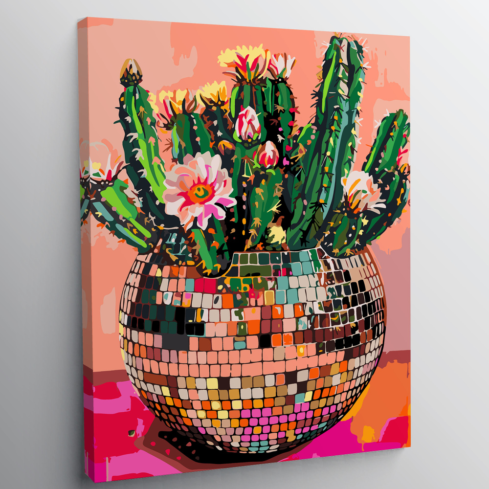 Картина по номерам, холст на подрамнике - Кактус в диско-кашпо - Цветы 30х40см.  #1