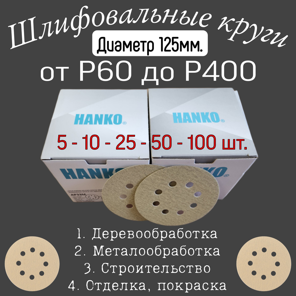 Шлифовальный круг на липучке Р-120. Hanko, диаметр 125мм, 100 шт.  #1