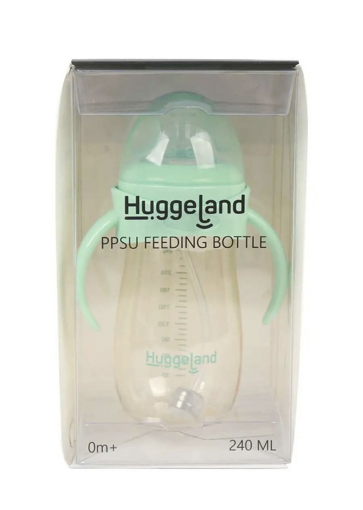 Бутылочка для кормления Huggeland с ручками, PPSU, 240 мл, 0+, бирюзовая  #1