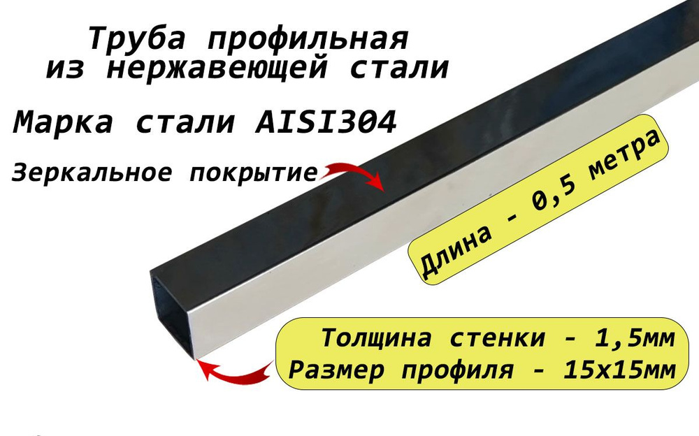 Труба квадратная (профильная) 15х15х1,5мм из нержавеющей стали AISI304 - 0,5 метра  #1