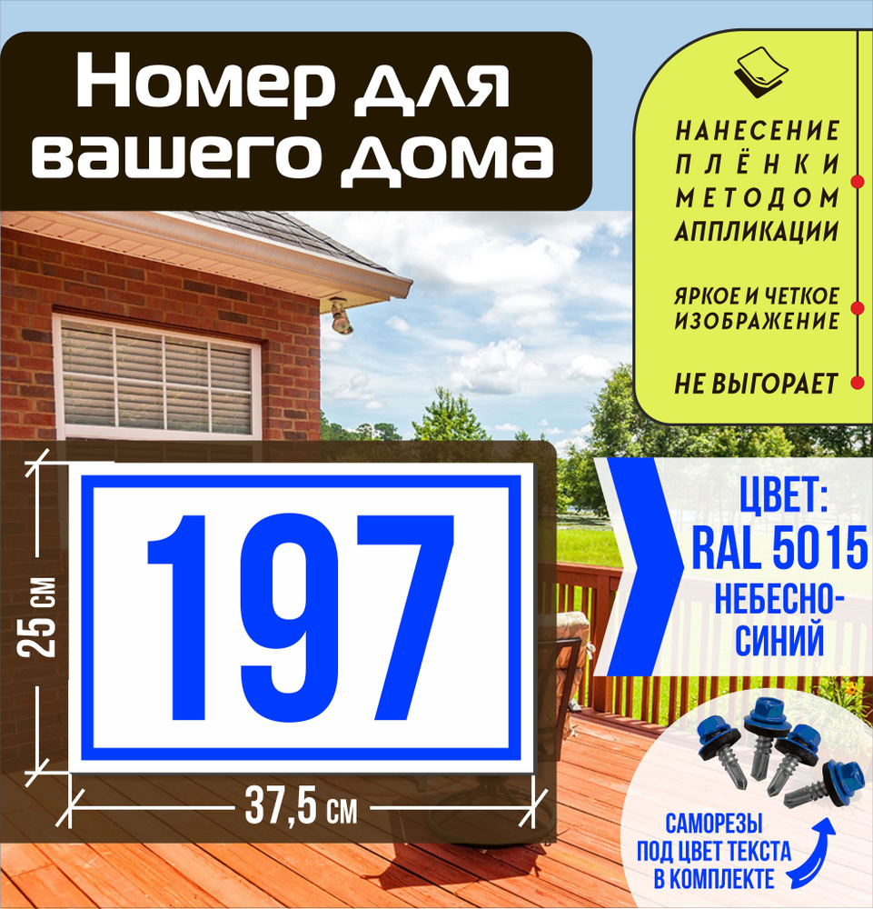 Адресная табличка на дом с номером 197 RAL 5015 синяя #1