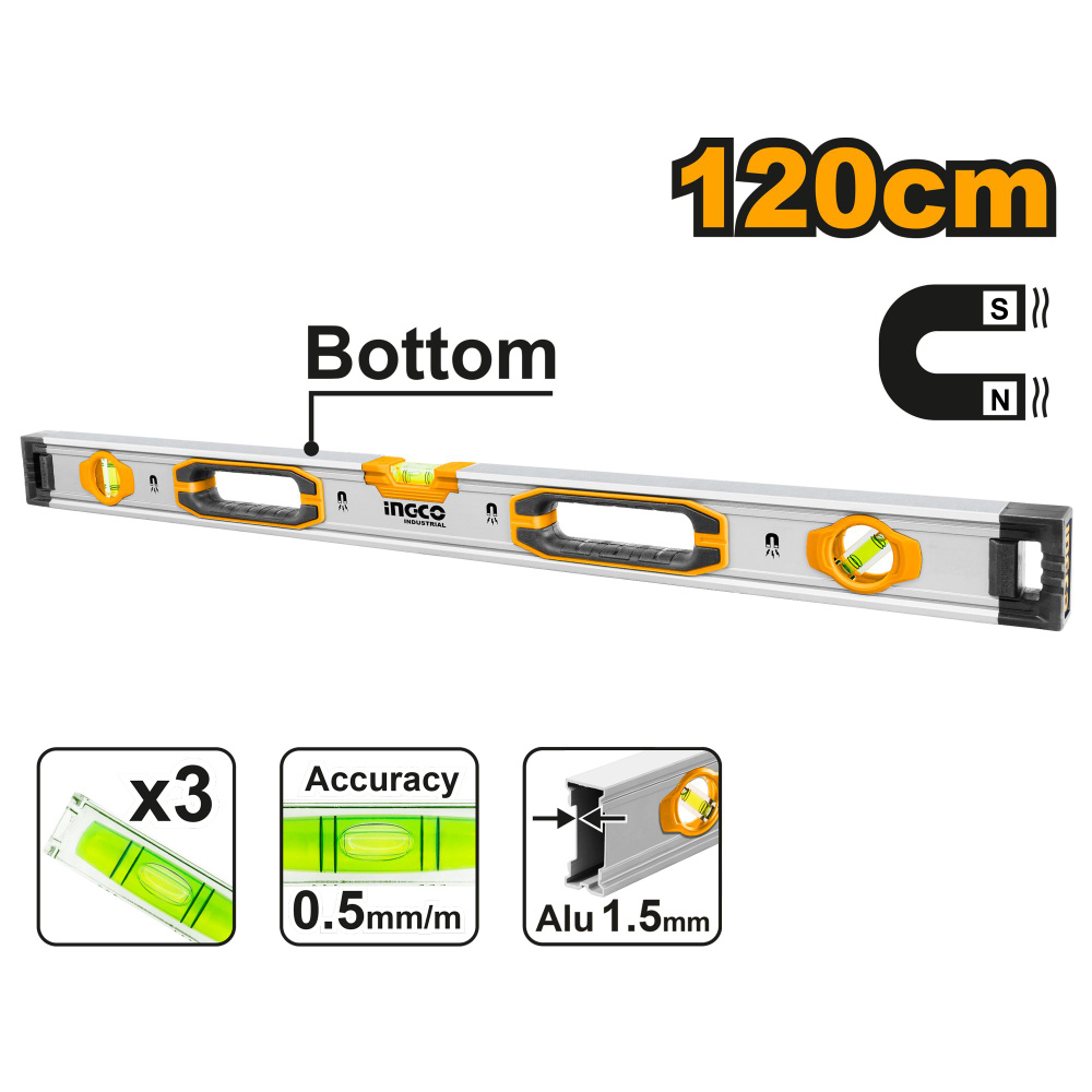 Строительный алюминиевый уровень магнитный 120 см INGCO HSL38120M INDUSTRIAL  #1