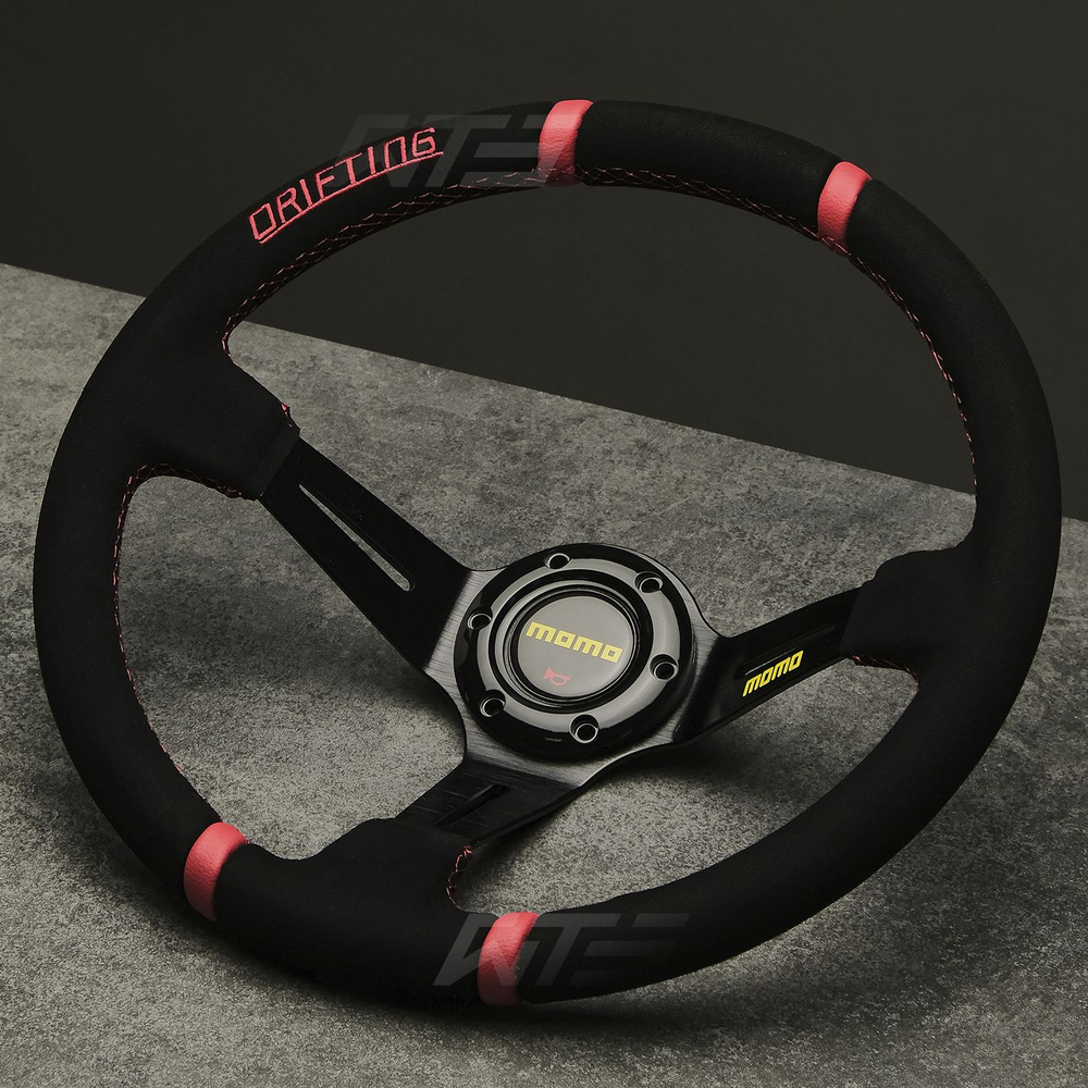 Спортивное рулевое колесо MOMO Drifting style, замша, красные полоски  #1