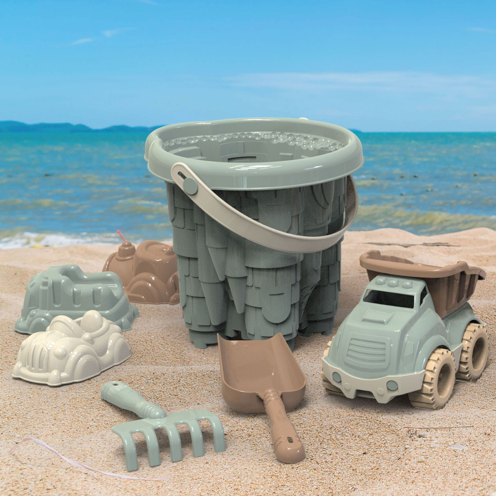 Песочный набор для мальчика с формочками машинками, самосвалом и ведром Крепость (1,6 л) - кофейный  #1