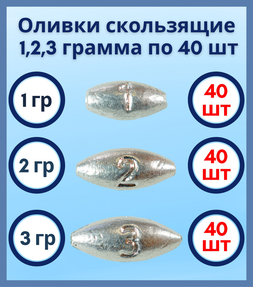 Набор грузил Оливка скользящая 1,2,3 грамма по 40 шт #1