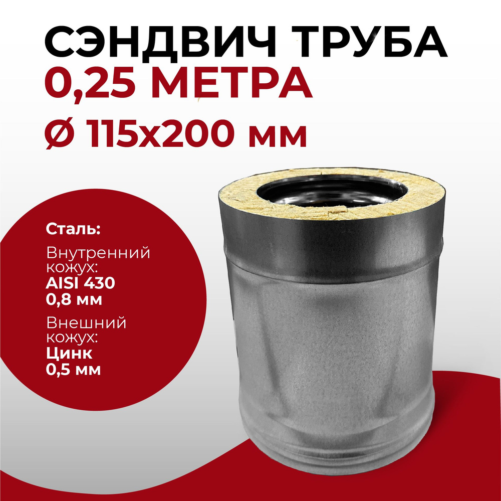 Сэндвич труба термо для дымохода утепленная 0,25 м d 115x200 мм (0,8/430*0,5/Цинк) "Прок"  #1