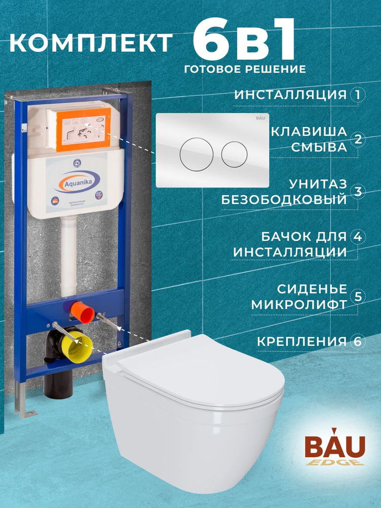 Комплект BAU 6 в 1: инсталляция BAU Aquanika, унитаз безободковый Bau Mif PRO, сиденье микролифт, кнопка #1