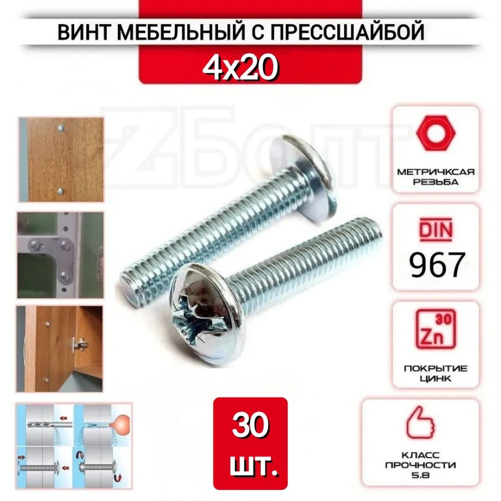 Винт мебельный с полукруглой головкой и прессшайбой, DIN967, 4х20, 30 шт.  #1