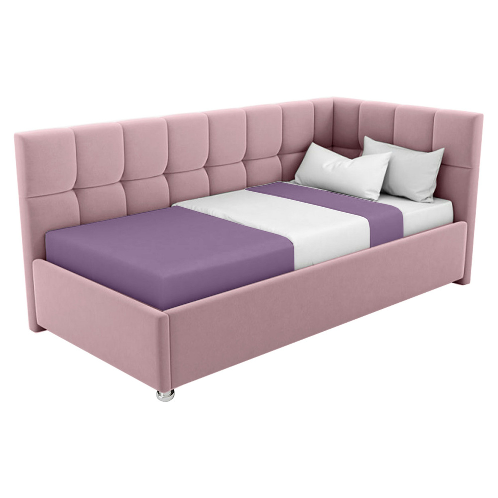 Односпальная кровать Эльза 80x200 основание металлическое с ламелями велюр розовый ножки 5 см угол левый #1