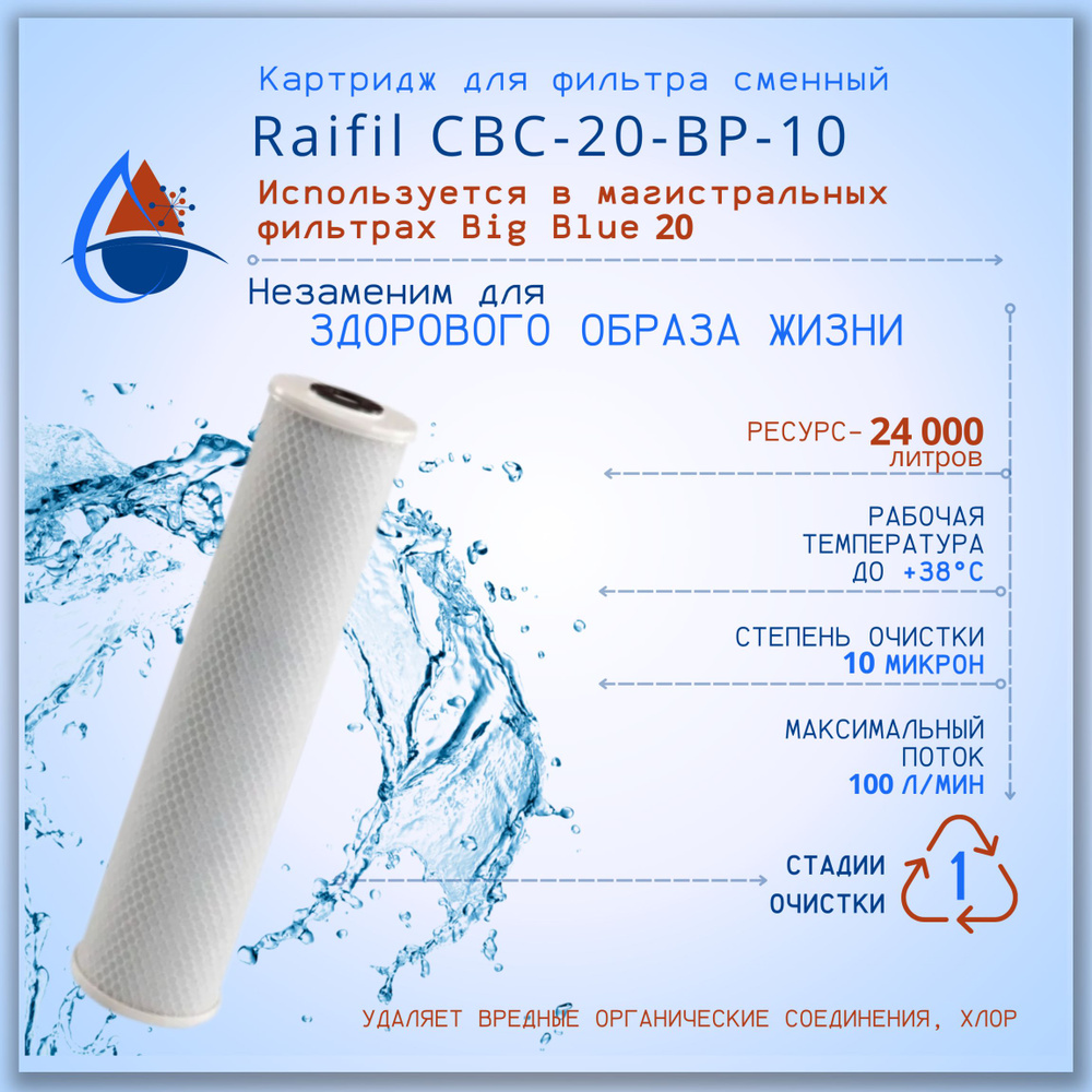 Картридж для фильтра сменный Raifil CBC-20-BP-10 уголь размер 20BB, подходит для магистральных фильтров #1