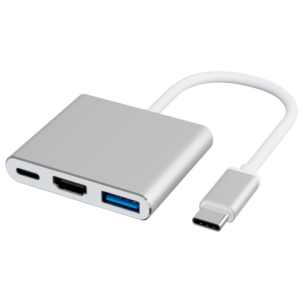 Type-C hub для Macbook, адаптер GSMIN Cray 3 в 1 (USB 3.1 Type-C, USB 3.0, HDMI) (Серебристый)  #1