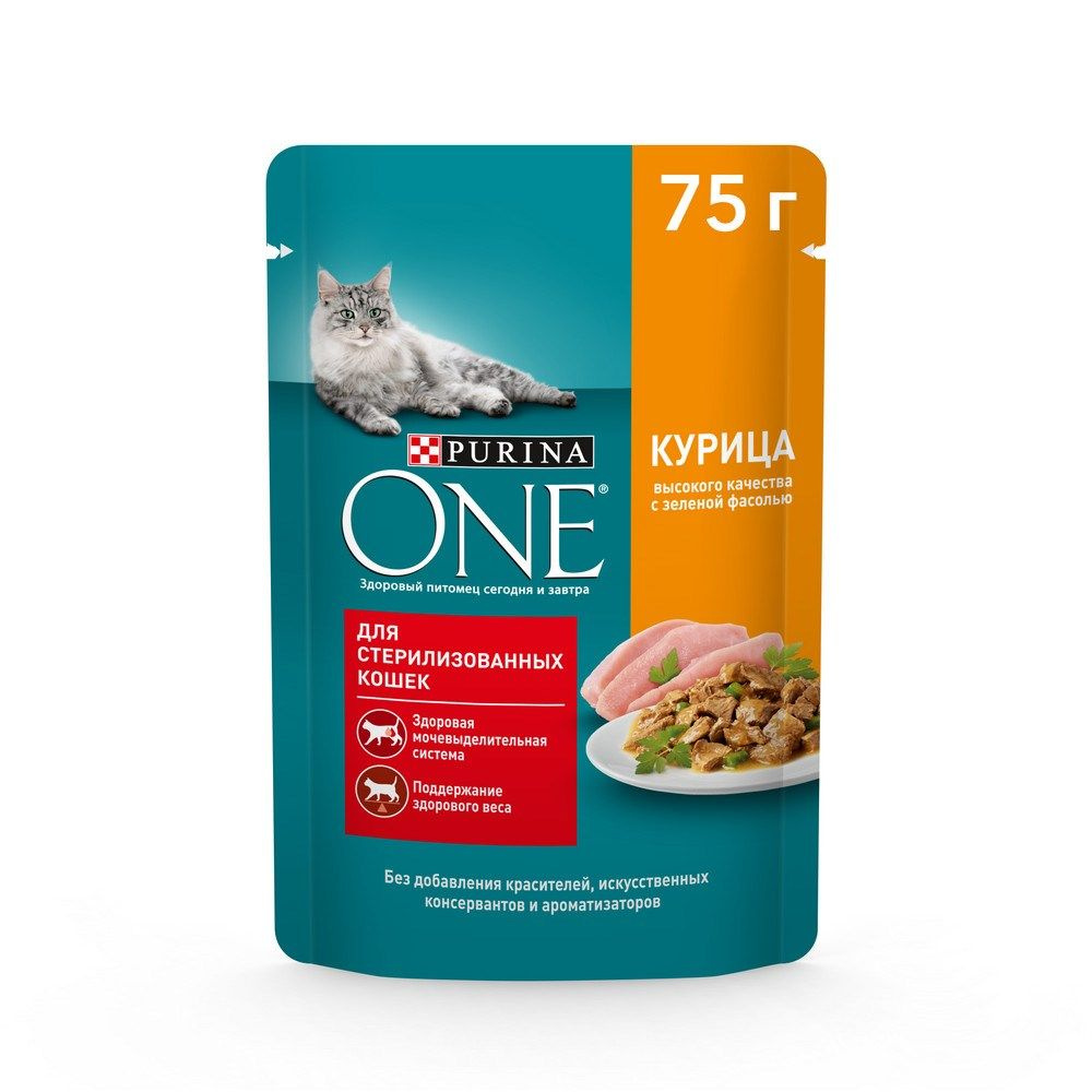 Корм влажный Purina One для стерилизованных кошек с курицей и зеленой фасолью в соусе, 75г  #1