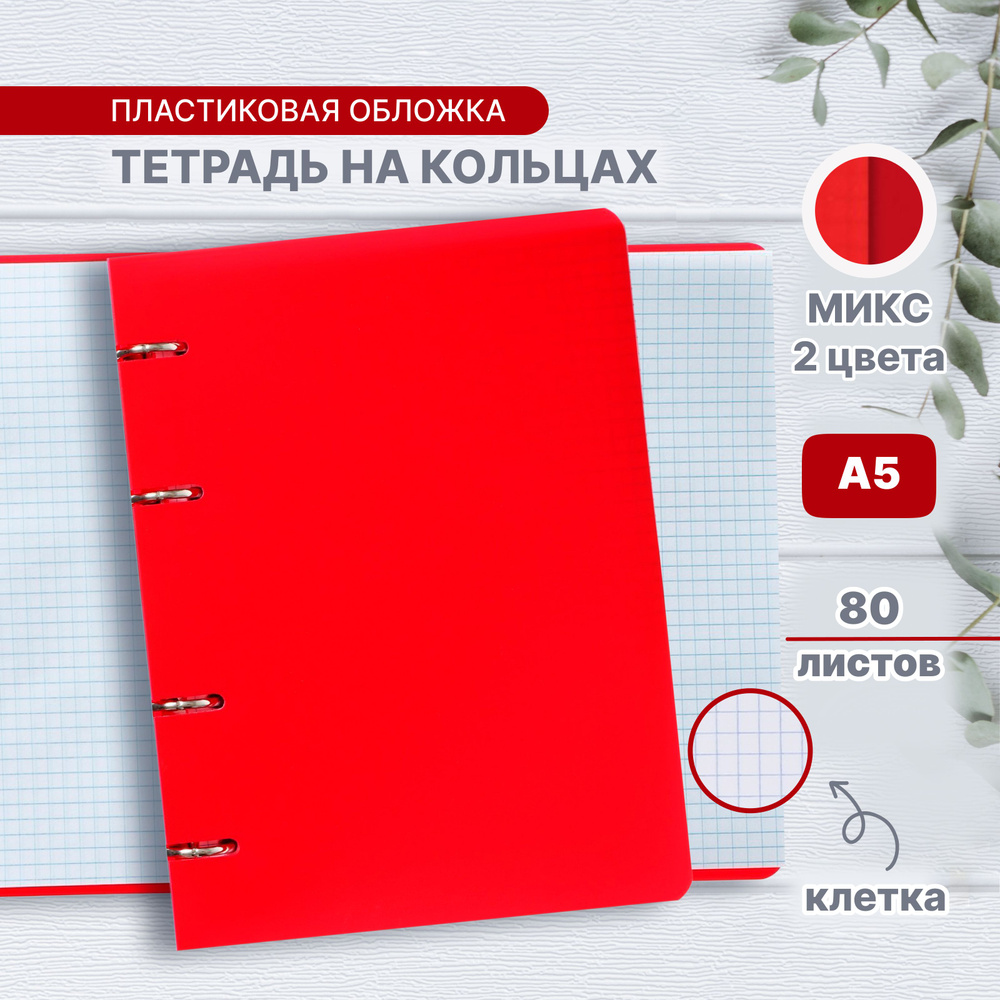 Тетрадь на кольцах А5 Calligrata, в клетку, 80 листов, пластиковая обложка, блок офсет, красная  #1