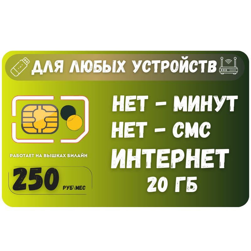 SIM-карта Сим карта интернет 250 руб. в месяц 20 ГБ для любых устройств + раздача SOTP45 B E L L (Вся #1