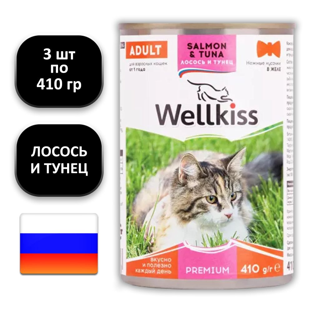 (3 ШТ.) 410 гр., Wellkiss, Adult, Влажный корм (консервы), для кошек, нежные кусочки в желе, "лосось #1