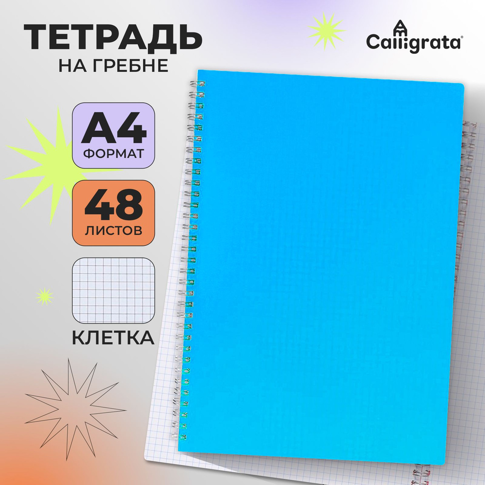 Тетрадь на гребне A4 48 листов в клетку "Голубая", пластиковая обложка, блок офсет  #1