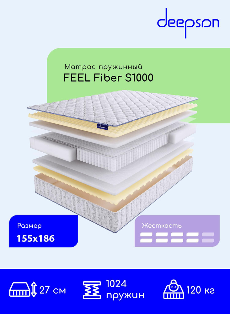 Матрас Deepson FEEL Fiber S1000 средней жесткости, двуспальный, пружинный, на кровать 155x186  #1