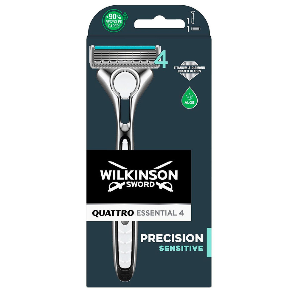 Wilkinson Sword Бритва QUATTRO Essential Sensitive (1 станок, 1 кассета), 4 лезвия + лезвие-триммер, #1