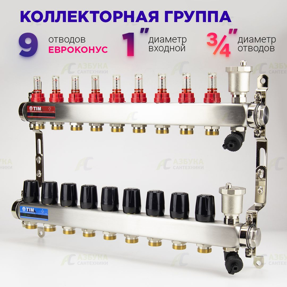 Коллекторная группа с расходомерами 1", 9 хода, нержавеющий без кранов (КВАДРАТ)  #1