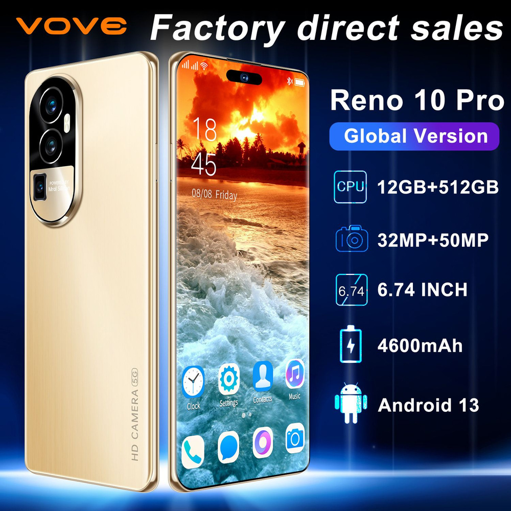 vove Смартфон Ультра тонкий новый reno10pro Dual SIM Dual Standby Мобильный телефон Ультра низкая цена #1