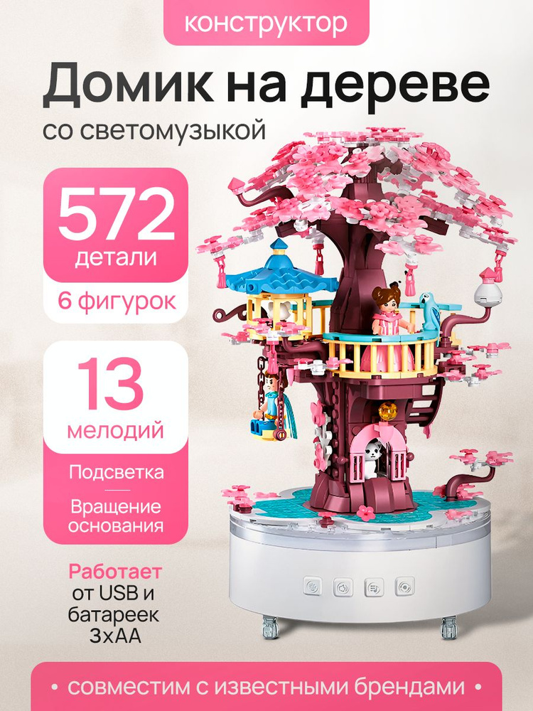 Конструктор пластиковый Sluban со светомузыкой Домик на дереве 572 детали, 6 фигур, USB, 3*AA. Наборы #1