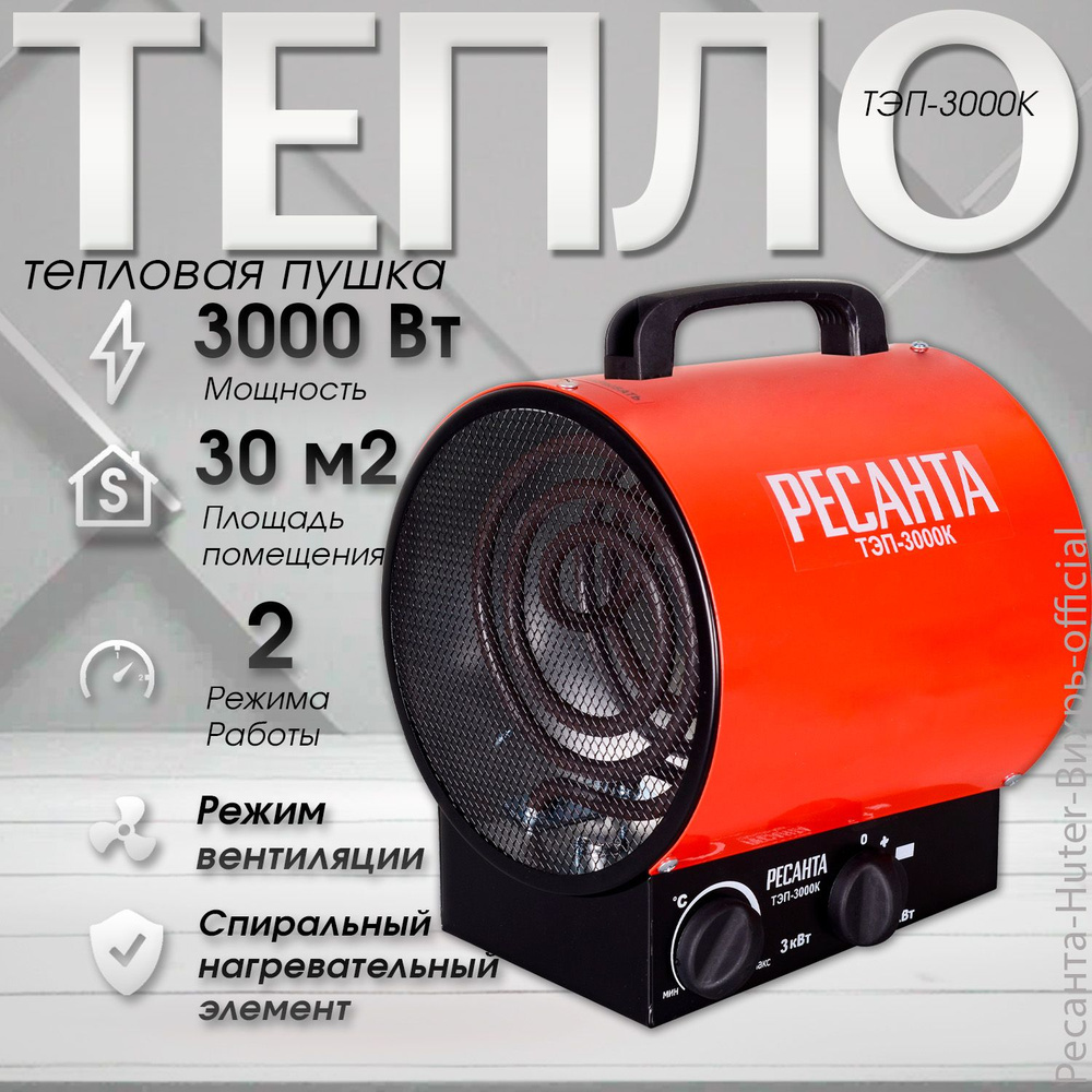 Тепловая пушка электрическая Ресанта ТЭП-3000К, 3кВт, ТЭН, площадь обогрева до 30м2  #1