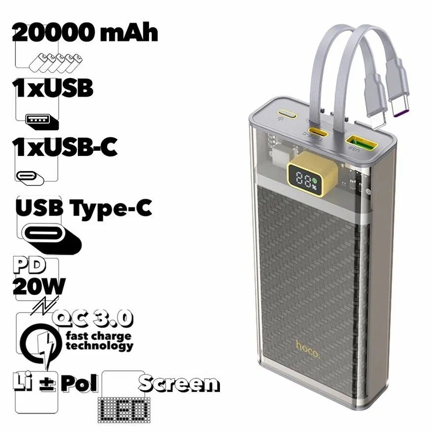 Повербанк, 20000 mAh, USB, 3А, QC 3.0, PD20W, кабель Type-C / Lightning #1