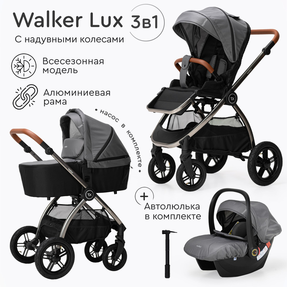 Детская коляска для новорожденных 3в1 Tomix Walker Lux, Grey/Dark Grey  #1