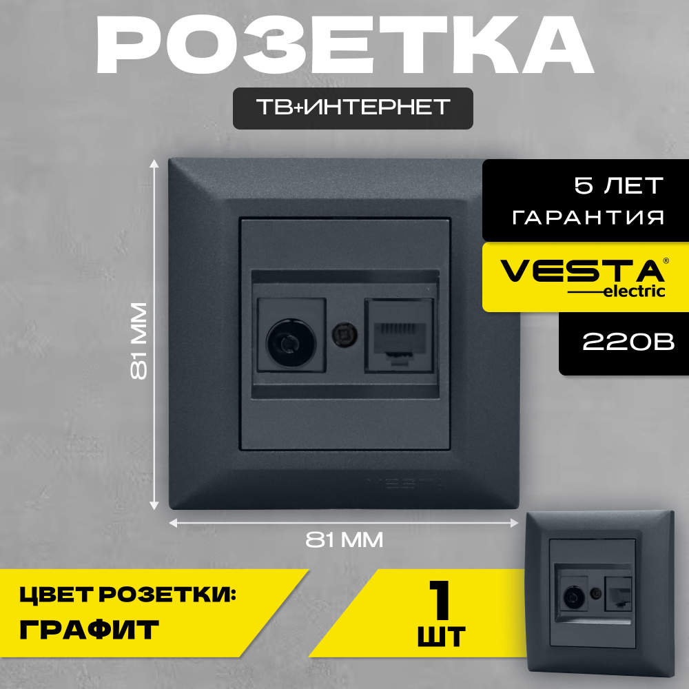 Розетка для сетевого кабеля LAN + TV графит Vesta-Electric Roma Grafit #1