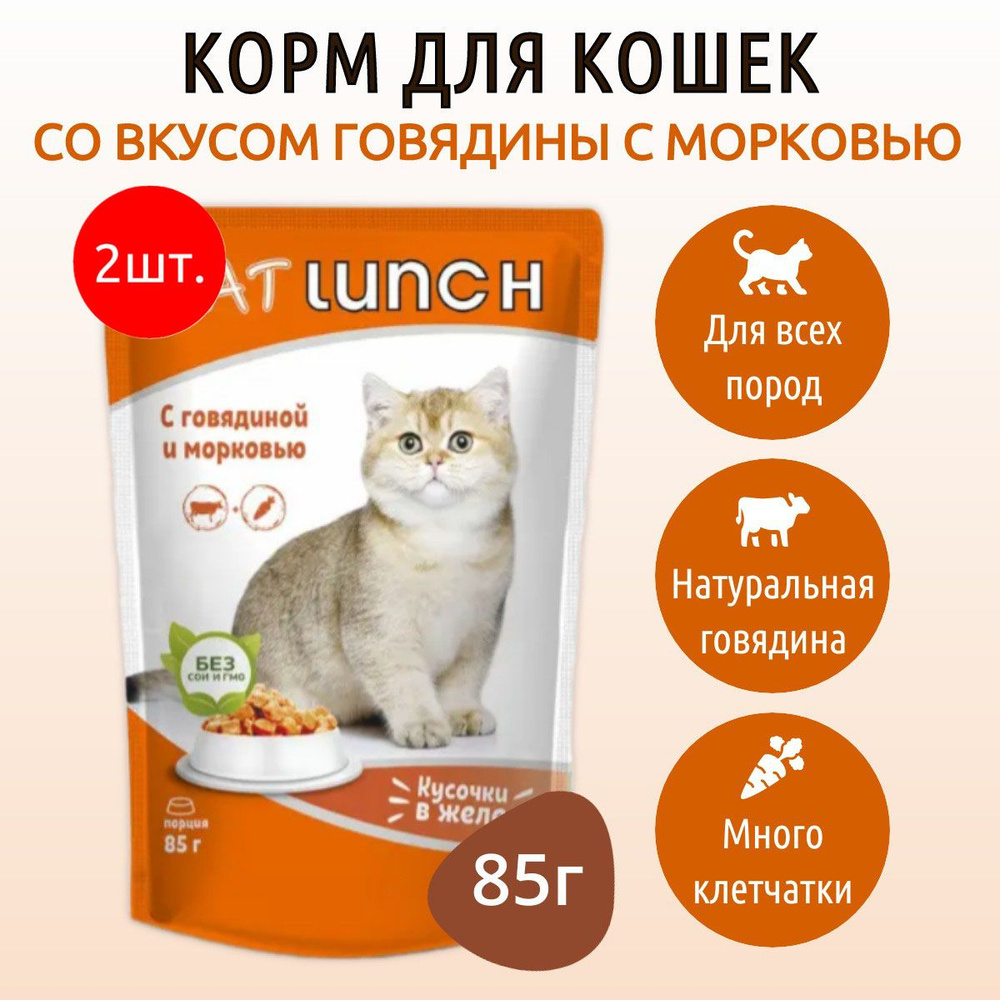 Влажный корм CAT LUNCH 170 г (2 упаковки по 85 грамм) для кошек Говядина кусочки в желе, в паучах  #1