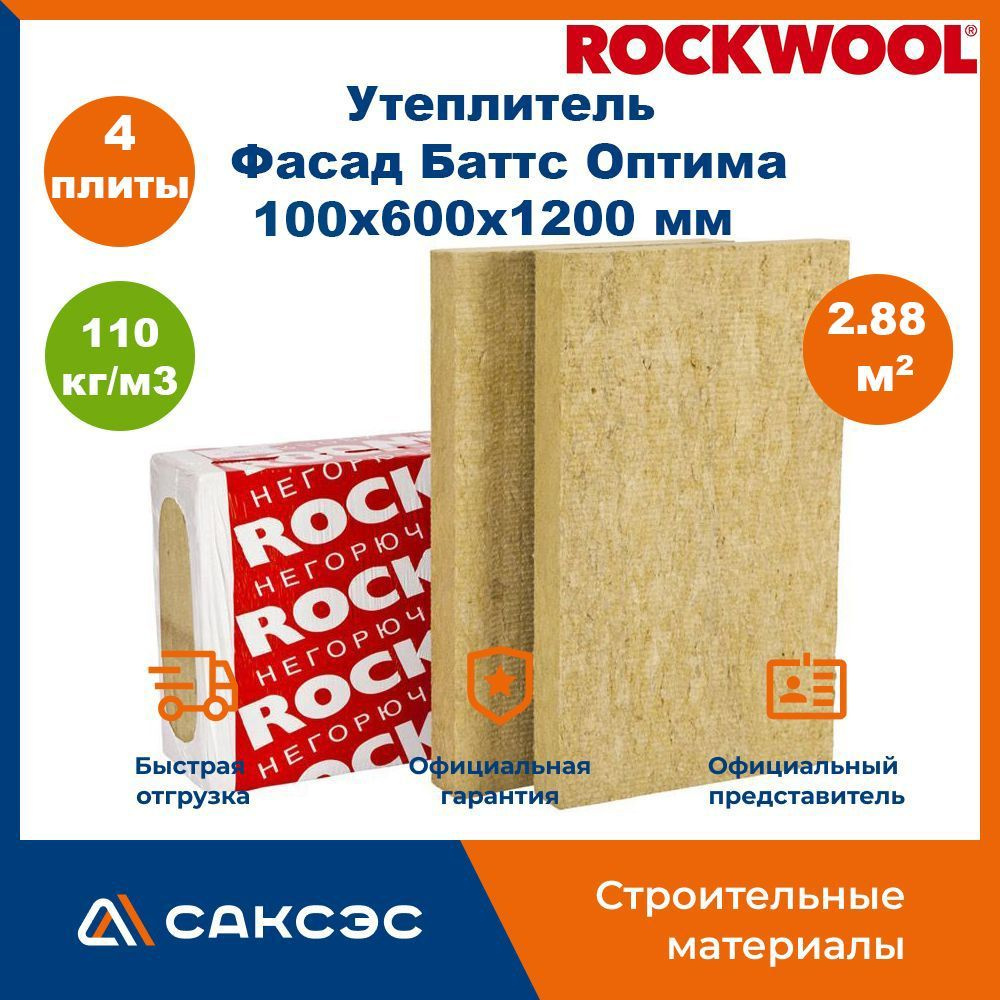 Утеплитель фасада Rockwool Фасад Баттс Оптима 100х600x1200 мм, 4 плиты, 2.88 м2 / Утеплитель Роквул  #1