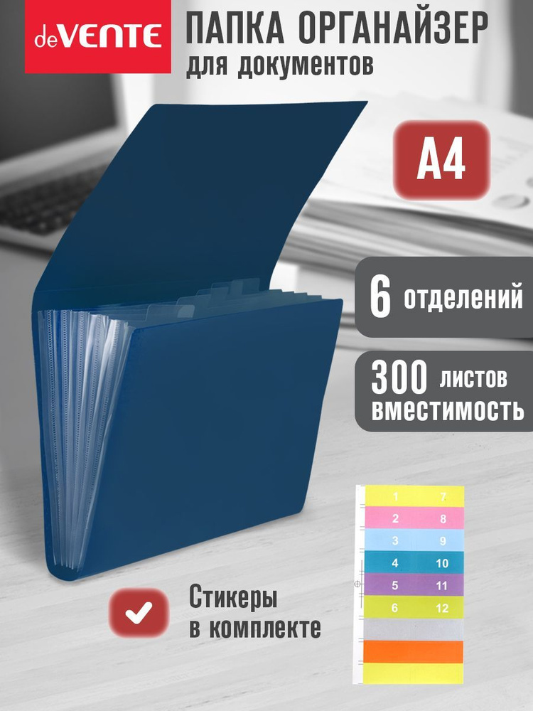 Папка-органайзер канцелярская для документов, бумаг, файлов А4 с 6-ю отделениями и разделителями.  #1