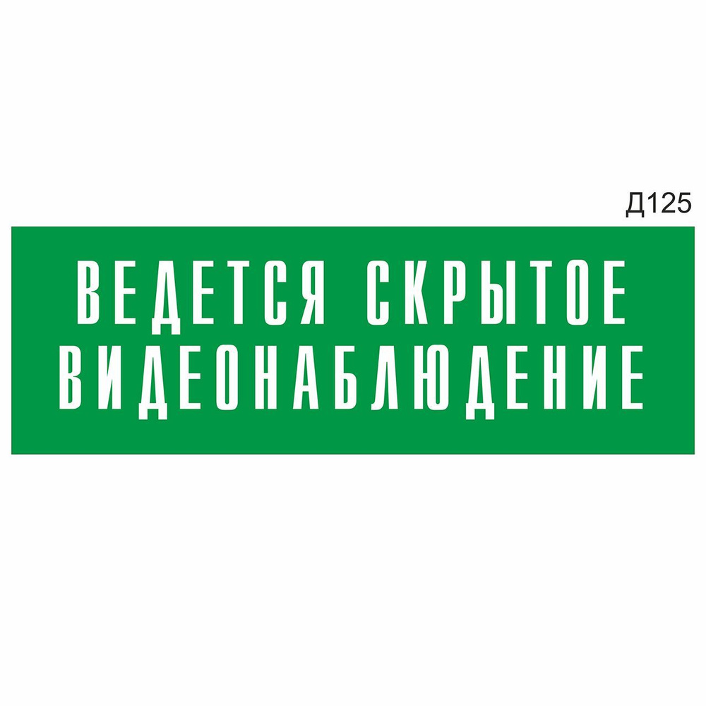 Информационная табличка "Ведется скрытое видеонаблюдение" прямоугольная, зеленый пластик 300х100 мм, #1