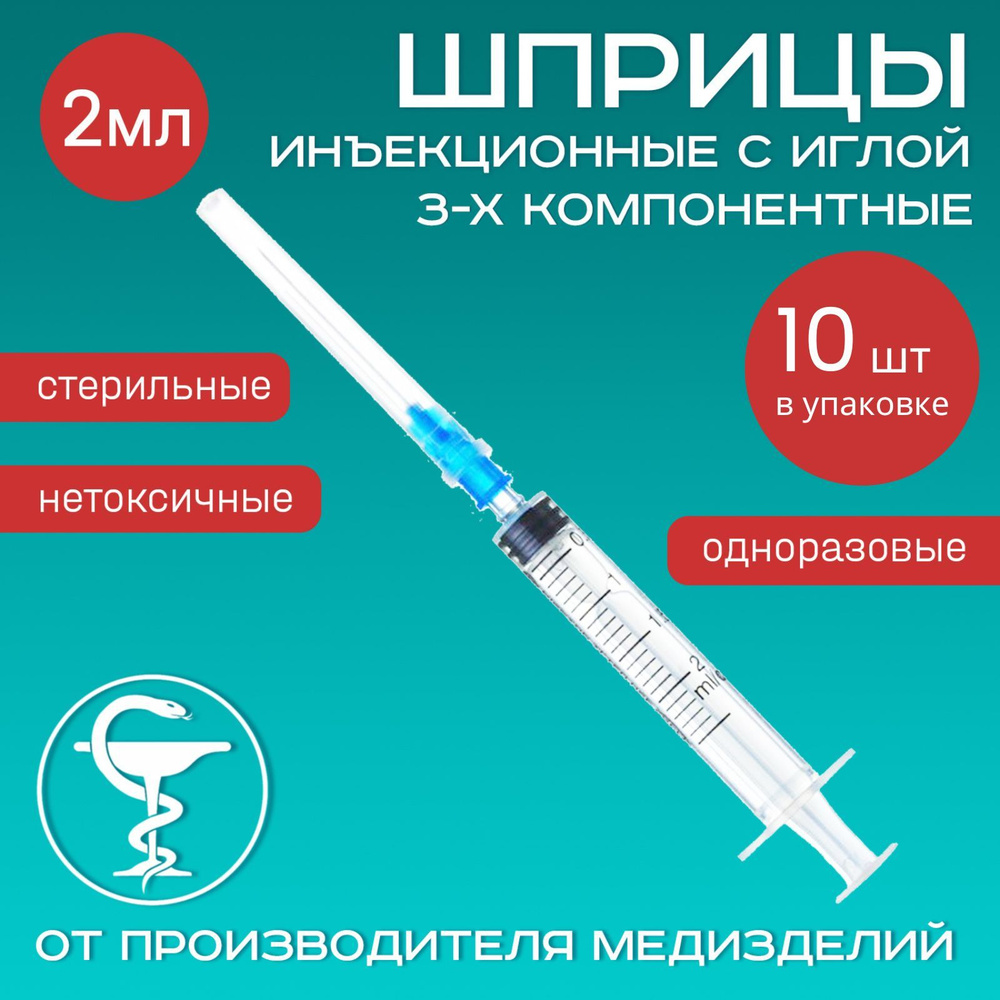 Шприцы медицинские 2 мл 10 шт 3-х компонентные инъекционные одноразовые с иглой  #1