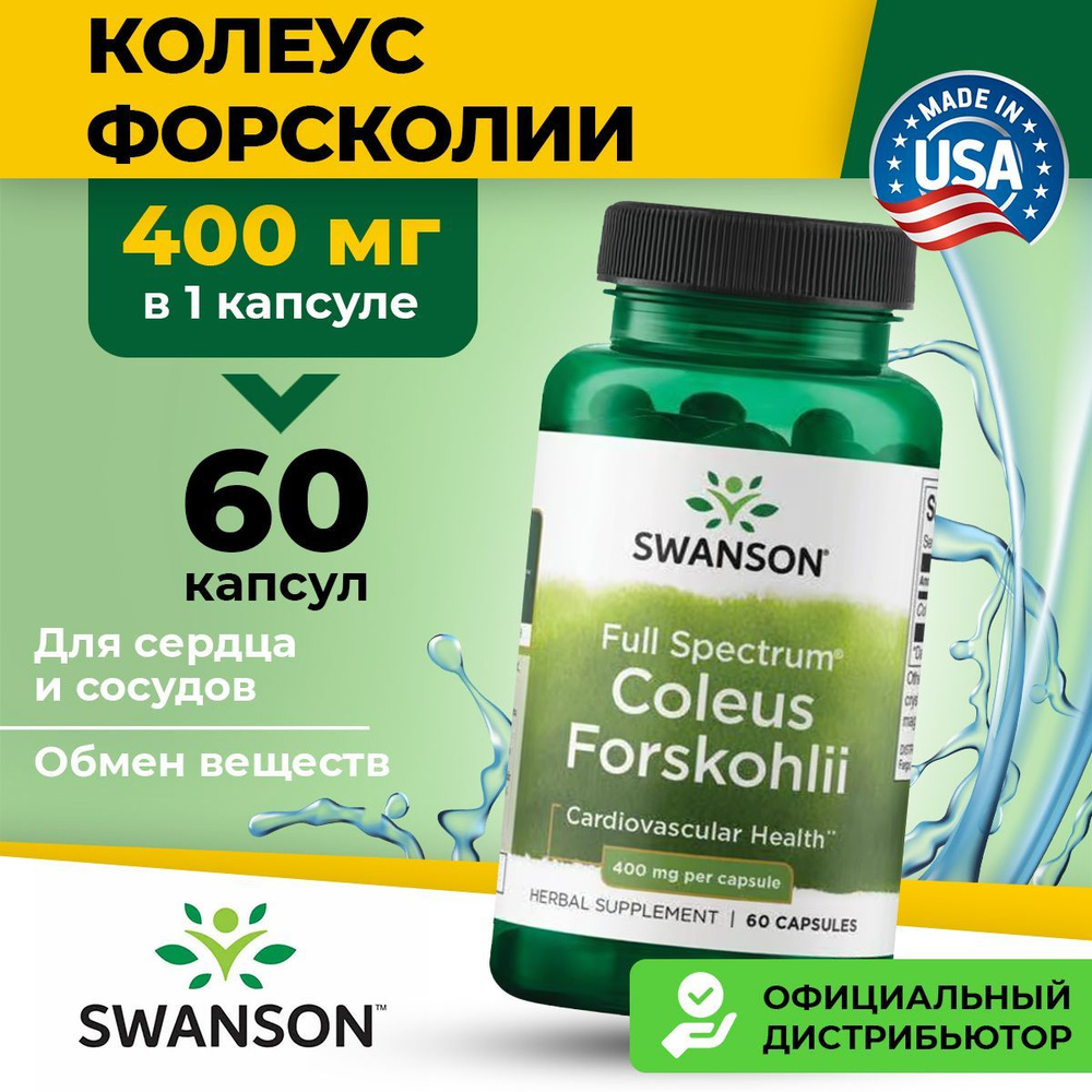 Swanson Колеус форсколии, Coleus Forskohlii, Форсколин для сердца и сосудов, для обмена веществ, 60 капсул #1