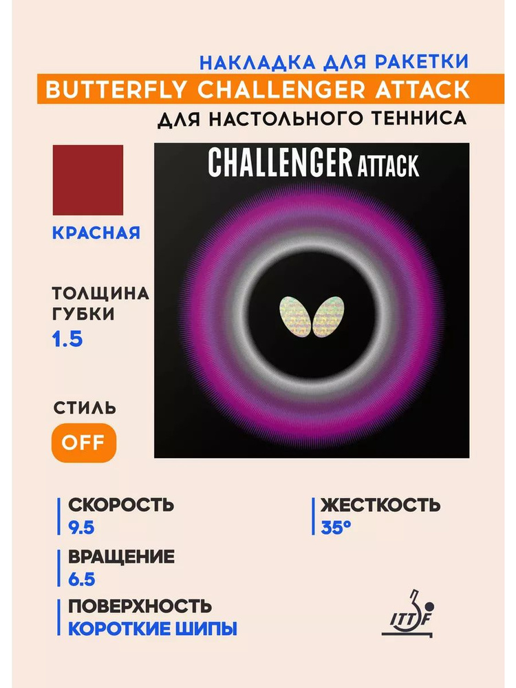 Накладка для ракетки настольного тенниса Butterfly Challenger Attack (цвет красный, толщина 1.5)  #1