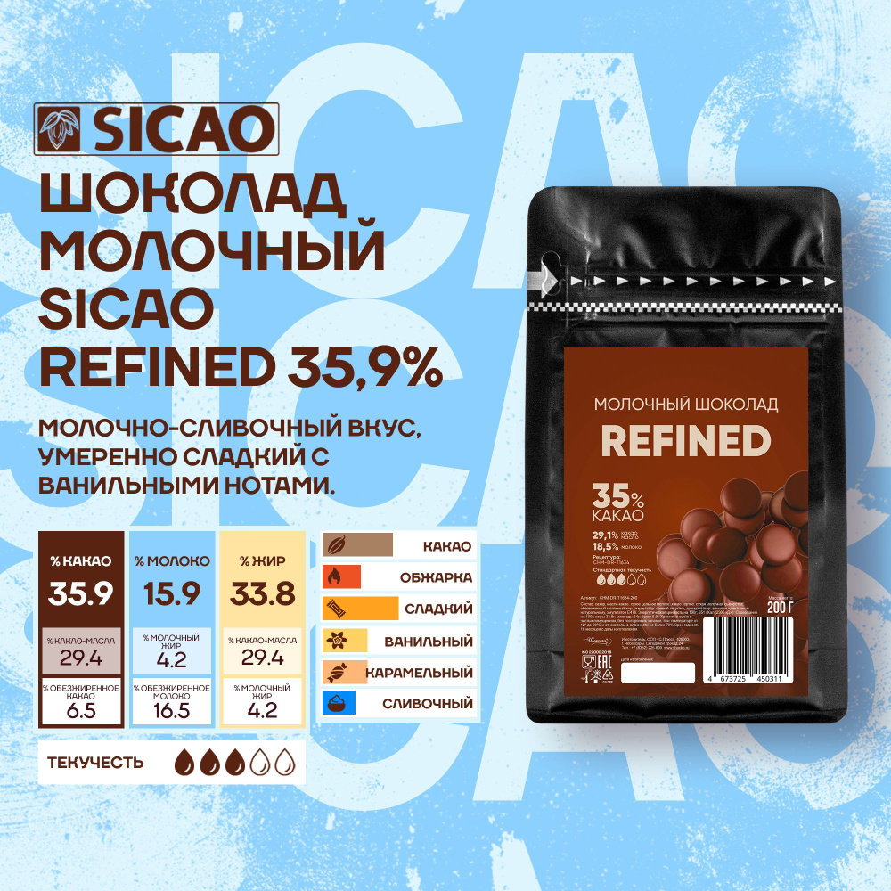 Шоколад кондитерский молочный Refined 35,9% Sicao (Сикао) 0,2 кг #1