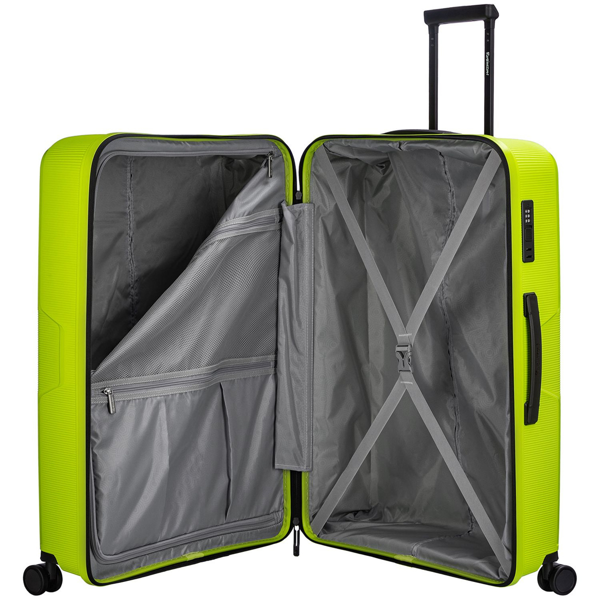 Внутри чемодана разделитель на молнии, в котором два дополнительных кармана и просторное отделение с багажными ремнями для ещё более удобной организации.