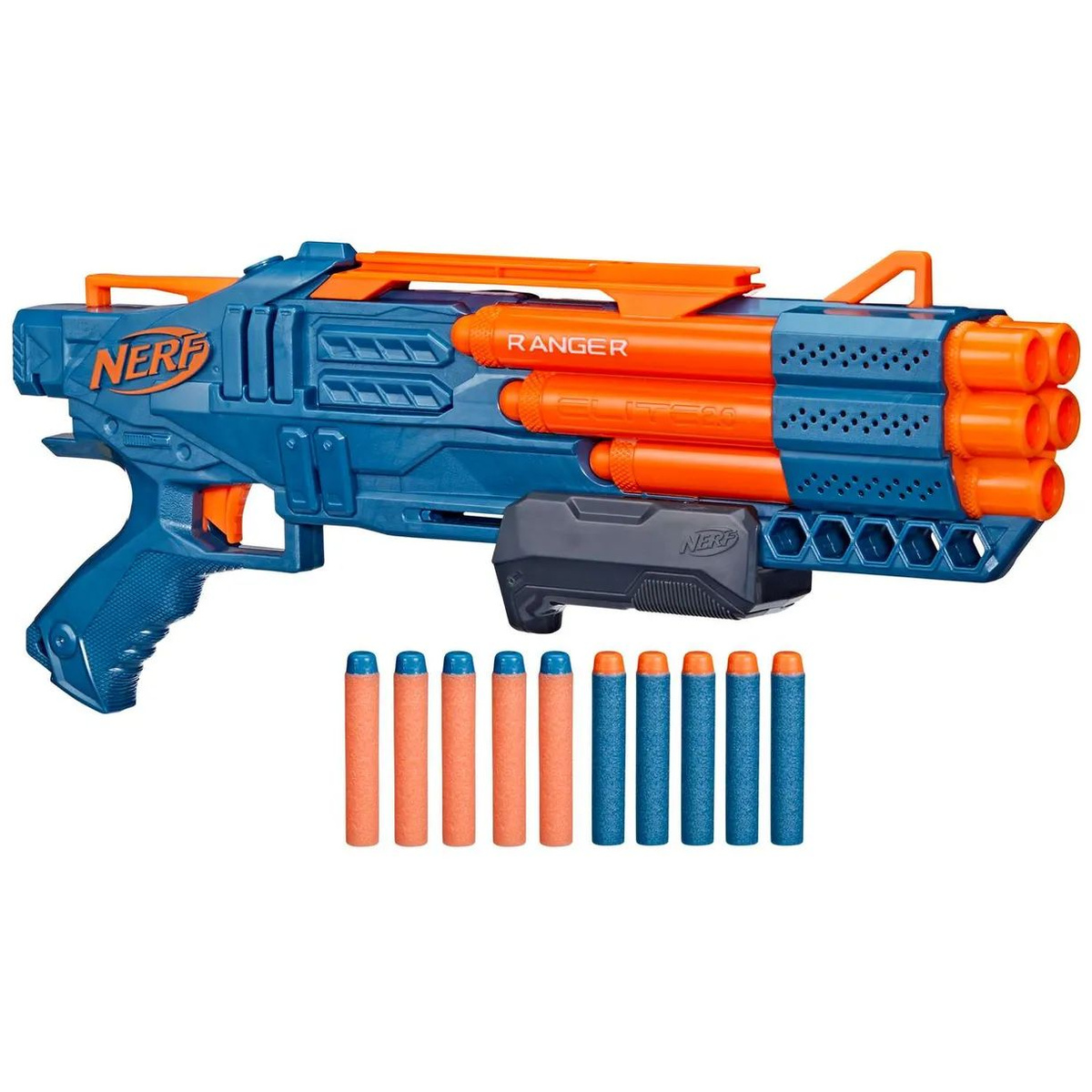 Nerf Elite 2.0 Ranger PD-5. Бластер Рейнджер PD-5 прост в использовании, поэтому вы можете быстро приступить вступить в бой! Зарядите стволы, переместите затвор назад и вперед, а затем нажмите на спусковой крючок, чтобы сделать выстрел. Тактическая планка и точка крепления запаса стрел позволят вам настроить бластер для любой миссии