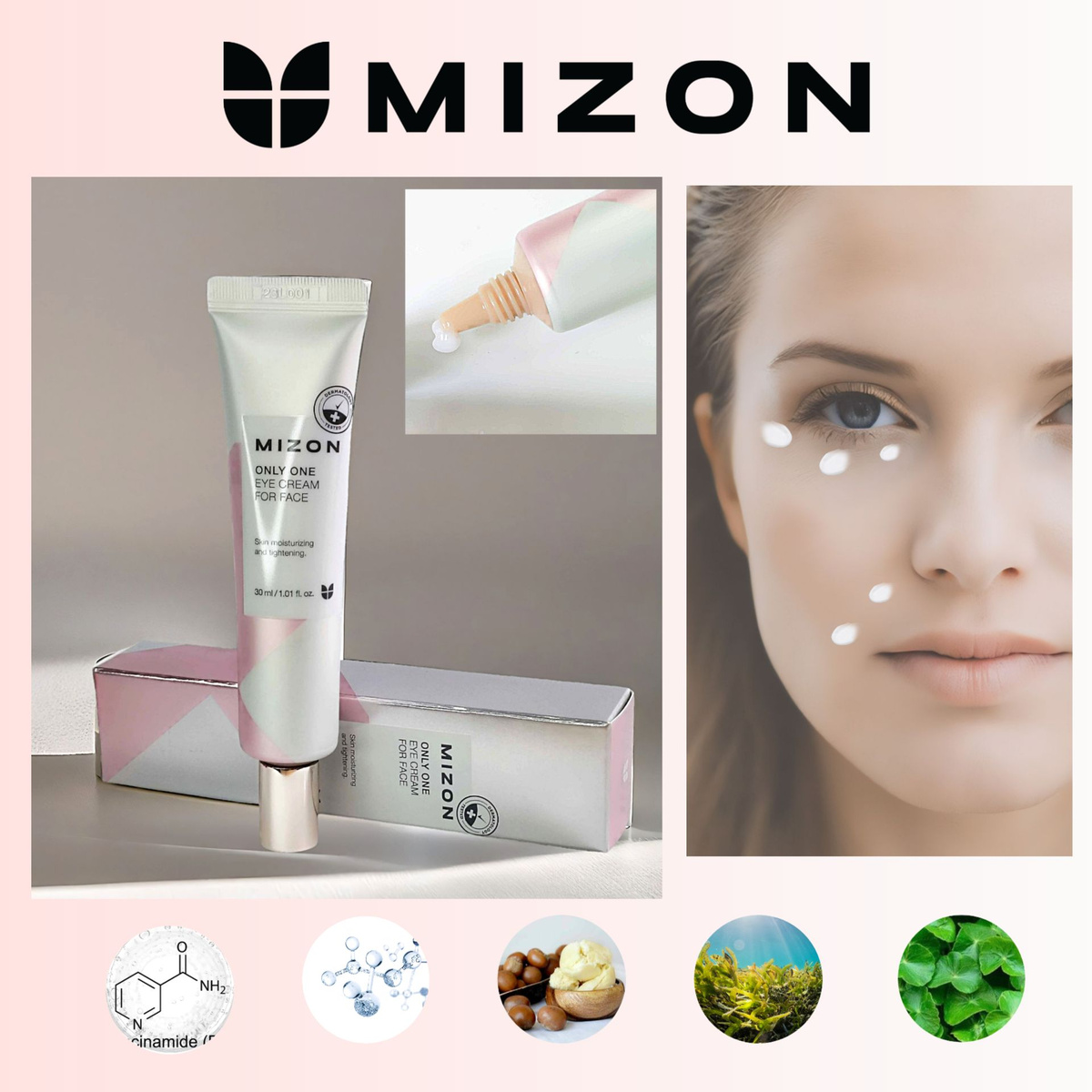 Only One Eye Cream For Face от Mizon — это многофункциональный крем, который эффективно ухаживает за кожей вокруг глаз и губ.   Он питает и увлажняет кожу, разглаживает морщины, делает её более эластичной и упругой. Кроме того, крем успокаивает раздражения и покраснения.  В составе корейского крема присутствуют такие активные компоненты, как масло ши, сквалан, гиалуроновая кислота и пептидный комплекс. Они помогают бороться с признаками старения, стимулируют синтез коллагена и защищают кожу от фотостарения.  Крем не только ухаживает за кожей, но и выравнивает её тон, осветляет пигментные пятна и успокаивает кожу.  Вы можете использовать этот крем как на всём лице, так и локально — только в области вокруг глаз и губ.