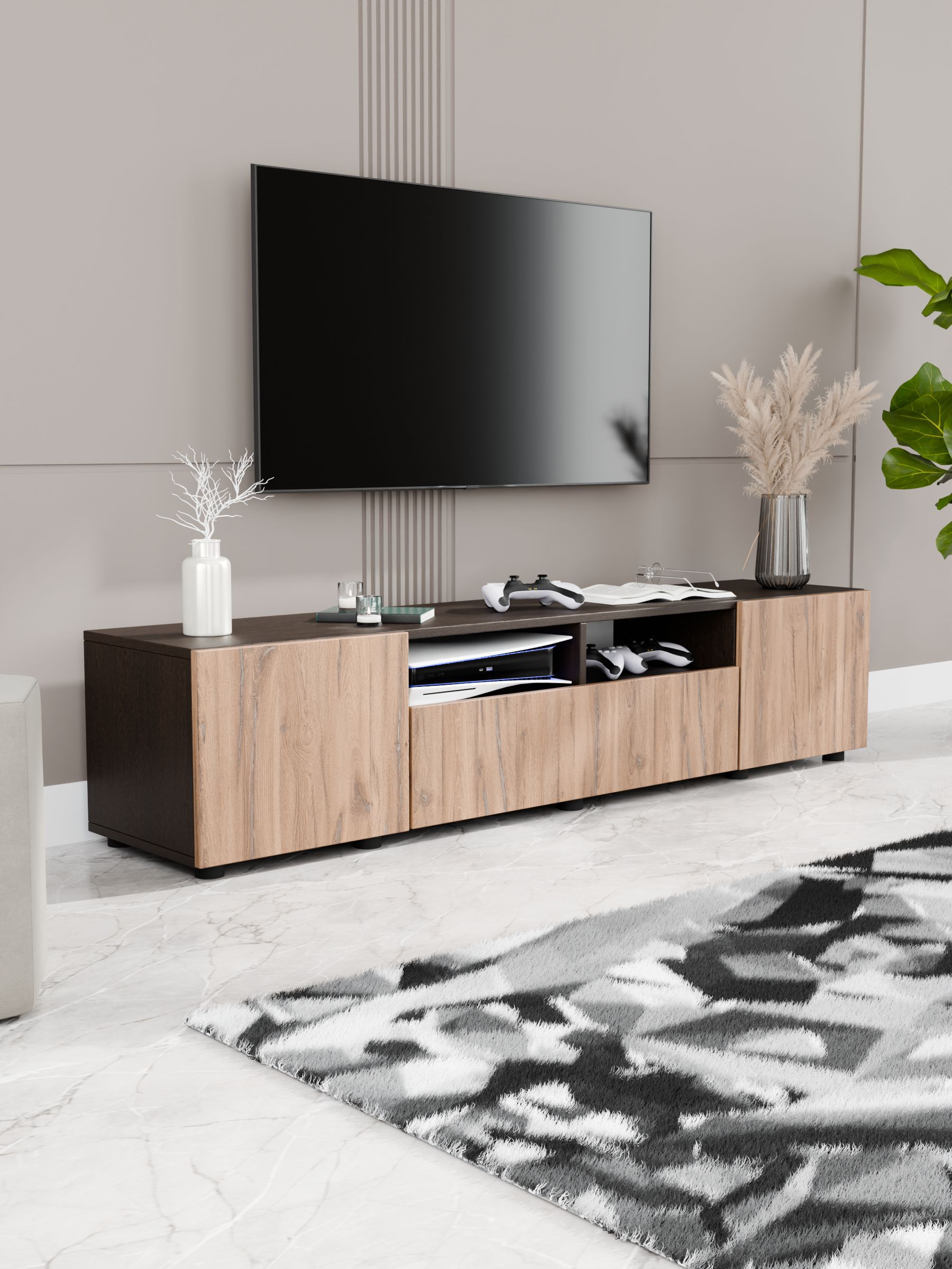 ТумбаподтелевизорГОРИЗОНТ160х37.8х36.3см,венге/дубкрафттабачный